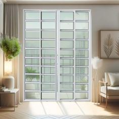 Porta de Correr com Travessas 4 Folhas Moveis 210 X 200 Elite com Fecho Automático Vidro Liso Branco