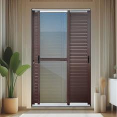 Porta de Correr Venez. 3 Folhas Moveis 210 X 200 Elite com Fechadura Tetra Vidro Reflex Mix Corten