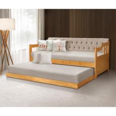 Bicama Dublin Estofado Capitonê Veludo Bege Madeira Maciça com Cama Auxiliar 2 Colchões - Imbuia