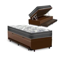 Cama Box Baú e Auxiliar Solteiro Marrom + Colchão Molas Ensacadas Orto