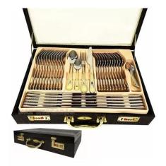 Faqueiro Inox 84 Peças Detalhe Dourado Luxo