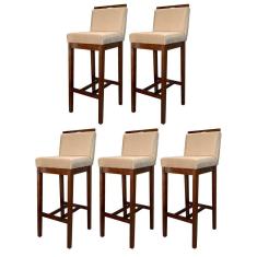 Kit 5 Banquetas Alta para Bancada Gourmet Líbia Madeira Capuccino Suede Bege CCS