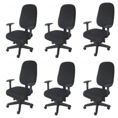 Kit 6 Unidades Cadeira Escritório Secretária Giratória com Braço Regulável em Couro Preto