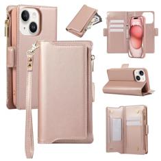 Capa carteira para iPhone 13, bolso com zíper magnético [destacável] capa de couro flip com 6 compartimentos para cartão e 1 compartimento para dinheiro, [bloqueio RFID] capa com alça de pulso e