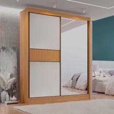 Guarda Roupa Casal 2 Portas 3 Gavetas Com Espelho 100% Mdf Grécia Ripado Cinammo/off White