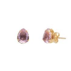 Brinco Delicado Pedra Gota Pequeno Rosa Claro Foheado A Ouro 18K