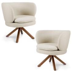 Kit 2 Poltronas Decorativas Melissa Base Giromad Giratória Linho Bege Domi Móveis