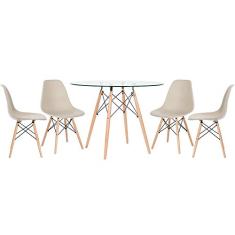 Loft7, Mesa redonda Eames com tampo de vidro 100 cm + 4 cadeiras Eiffel Dsw