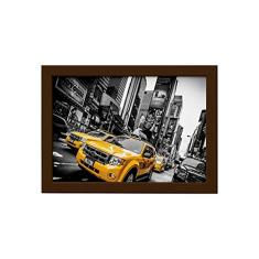Quadro New York Táxi Amarelo Foto Moldura Marrom 22x32cm