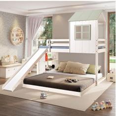 Beliche Queen Montessoriano Cabana Family com Escorregador e Estante Casatema Branco/Verde