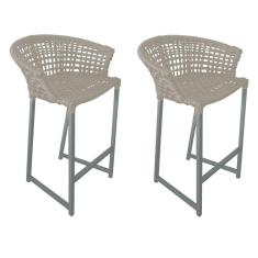 Kit 2 Banquetas Reis Em Corda Náutica E Base Em Alumínio Cinza Para área Gourmet Externa Areia Bege