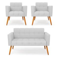 Kit 1 Sofá Namoradeira e 2 Poltronas Elisa Linho Cinza A05 Pés Palito Castanho - D`Rossi