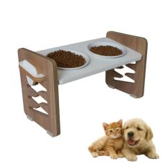 Comedouro Elevado Pet Duplo MDF Cães e Gatos Zig Zag Regulagem de altura - Porcelana