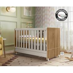 Berço Mini Cama com Colchao Encanto com Rodízios Marrom Nature e Branc