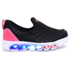 Tênis Led Infantil Preto Rosa Pink Menina Calce Fácil Leve Confortável