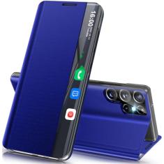 Qissy Capa de celular para Samsung S24 Ultra, Clear View S24 Ultra 5G com suporte, capa rígida de policarbonato à prova de choque para Galaxy S24 Ultra capa protetora para Samsung Galaxy S24 Ultra
