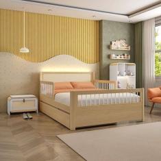 Bicama Casal Reversível com Estante 4 Nichos em LED e Sapateira 1 Porta Infantil Wave Casatema Branco /natural