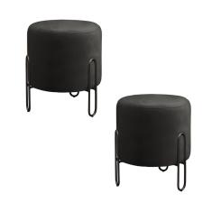 Conjunto - 2 Puffs Banqueta Mali Luxo Base Metálica Preta Corino Preto