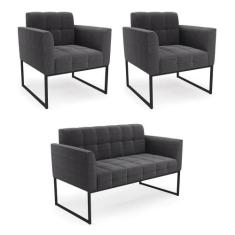 Sofá Namoradeira E 2 Poltronas Industrial Pto Elisa Bouclê Grafite D03