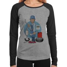 Baby Look Raglan Mecânico Manga Longa - Foca na Moda, Cinza, Preto, GG