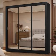Guarda-Roupa Casal 3 Portas de Correr de Espelho 2 Gavetas Preto Subli
