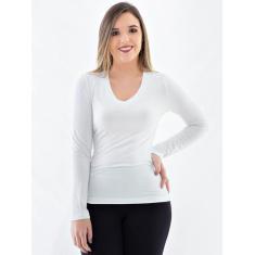 Blusa Decote V Lisa Manga Longa Viscolycra Anistia Branca, G