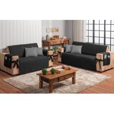 Kit protetor de sofá 2 e 3 lugares preto com 4 capas de almofada cinza