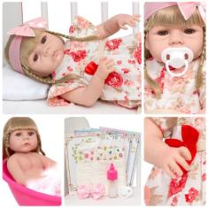 Boneca Reborn Bebê Loira Vestido Florido Kit 13 Acessórios - Cegonha R