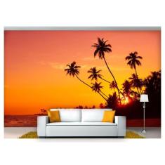 Papel De Parede Praia Mar Por Do Sol Coqueiro Npr223 - Você Decora