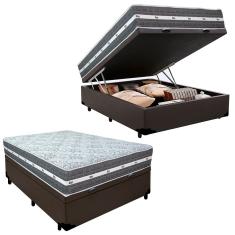 Cama Box Baú Casal Black Graphite com Colchão Molas Ensacadas Sintético Marrom Anjos
