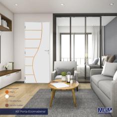 Kit Porta de Madeira Decorada 212x65cm com Batente de Alumínio 3,6cm Cantareira MGM Branca