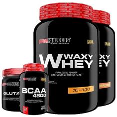 KIT 2x Whey Protein Waxy Whey 2kg + Glutamina 500g + BCAA 4800 250 Cápsulas - Bodybuilders (Cappuccino e Paçoca)