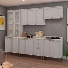 Cozinha Completa Iluminata 12 Portas 3 Gavetas 100% Mdf com Vidro Branco/Marrom Claro/Mineral - Genialflex