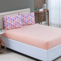 Jogo de Lençol King Estampado 100% Algodão com Elástico Malha Macia 03 Peças Salmão