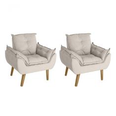 Kit 02 Poltrona Cadeira Decorativa Glamour Com Pés Quadrado Bege