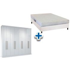 Cama Box Casal + Colchão Frontier Herval + Guarda Roupa Master Vip 8.4 Branco