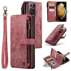 UEEBAI Capa carteira para Samsung Galaxy S21 Ultra 5G, capa de telefone premium feita à mão de couro PU com compartimentos para cartões, fecho magnético, bolso com zíper, suporte, capa flip com alça