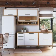 Cozinha Compacta 200cm com 4 Peças 4 Prateleiras e Vidro Reflecta 100% Mdf Vicenza Espresso Móveis Amêndoa/Branco