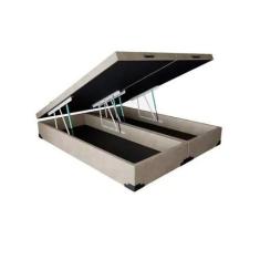 Cama Box Baú Queen Convencional Suede Bege Bipartido com Pistão a Gás 