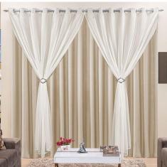 Cortina Jéssica 2 Metros Bege Tecido Microfibra Com Voal Clássica Cromada
