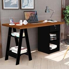 Escrivaninha Cavalete 2 Prateleira 2 Nichos 1 Gaveta com Chave Bali Carmolar Preto/canela