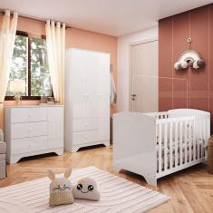 Quarto de Bebê com Guarda Roupa Cômoda e Berço Americano 100% MDF Ayla Branco Brilho