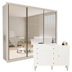 Conjunto Guarda-roupa Casal com 9 Espelho 3 Portas e Cômoda 1 Porta 4 Gavetas Branco