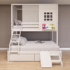 Beliche Casinha Reta Casal/ Solteiro com 02 Gavetas Escorregador e Cortina Madeira Maciça Branco Housin