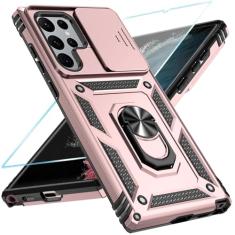 SunStory Capa de celular para Samsung Galaxy S22 Ultra 5G com protetor de tela HD e capa de câmera deslizante e suporte de anel girado, [grau militar] [2 em 1] capa de telefone para Galaxy S22 Ultra