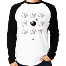 Camiseta Raglan Ovelha Negra Manga Longa - Foca na Moda, Branco, Preto
