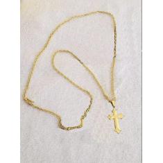 Cordão Banhado A Ouro 18k Cadeado 2mm Com Pingente Cruz - MK Jóias