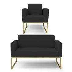 Sofá Namoradeira Com Poltrona Base Industrial Dourado Marisa Veludo D0