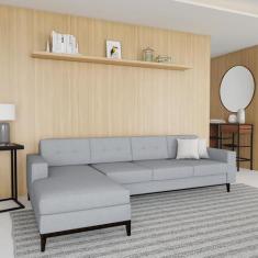 Sofá 4 Lugares Life com Chaise Esquerdo Pés e Base em Madeira Linho Co