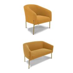 Sofá Namoradeira e Poltrona Pé Ferro Dourado Stella Bouclê Mostard D03